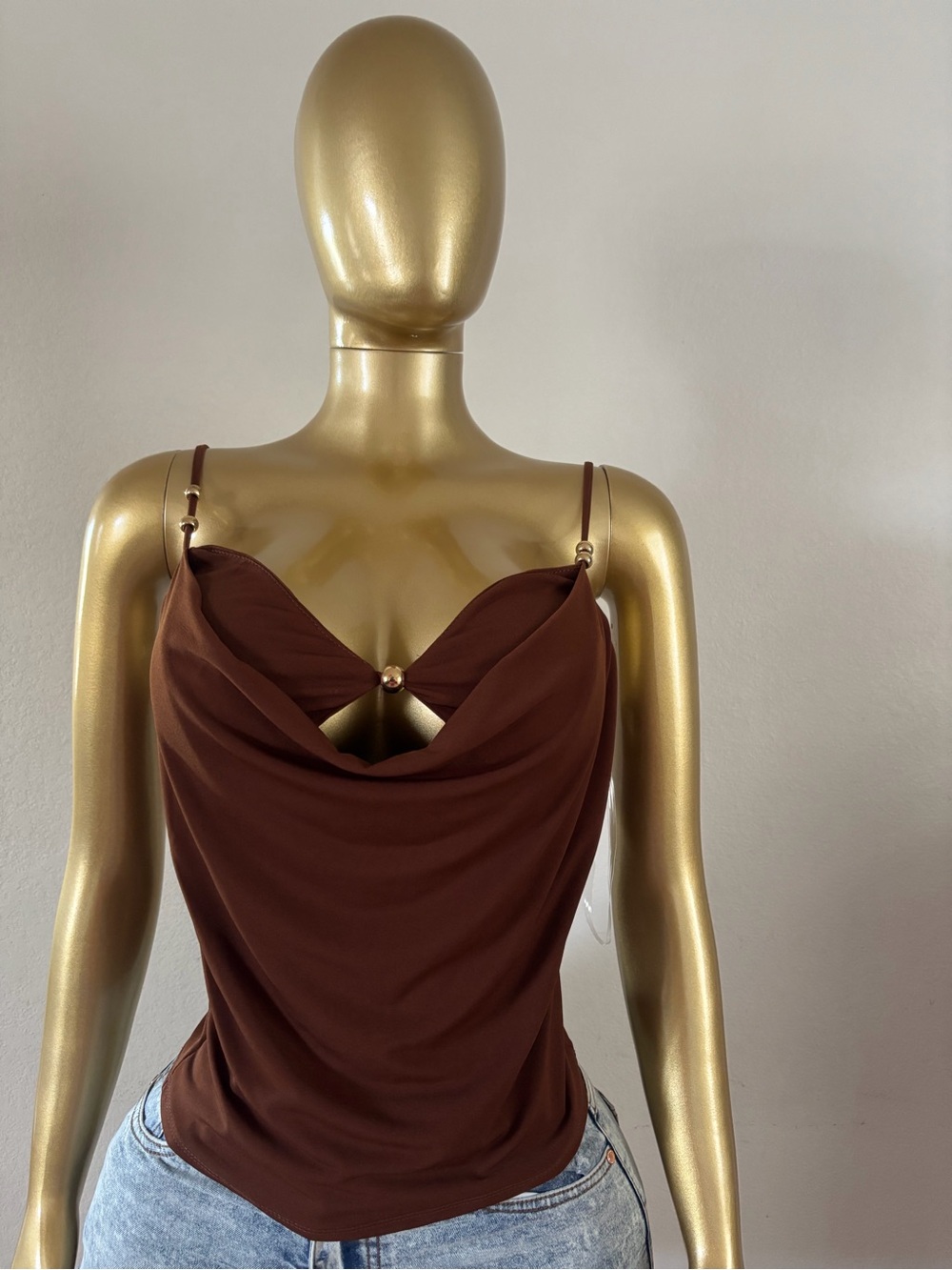 Brown Draped Cowl Neck Camisole